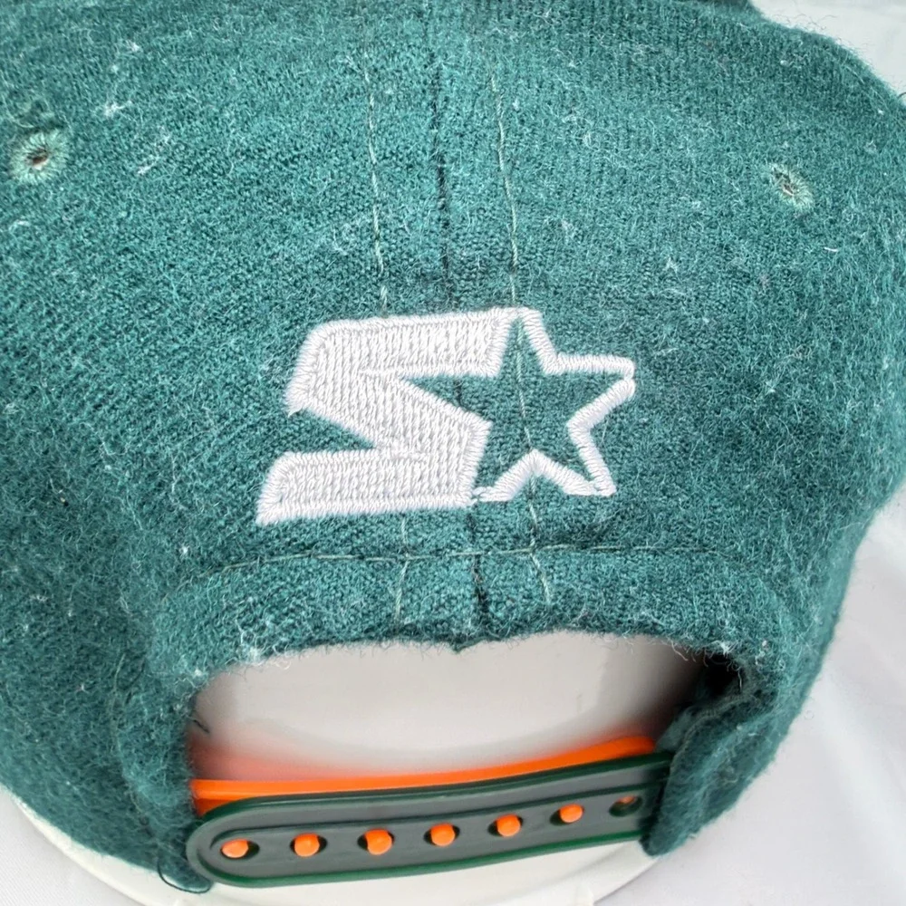 Vtg 90s StarterThe Natural Miami Hat Mens Snapback Green Wool Hurricanes NCAA
